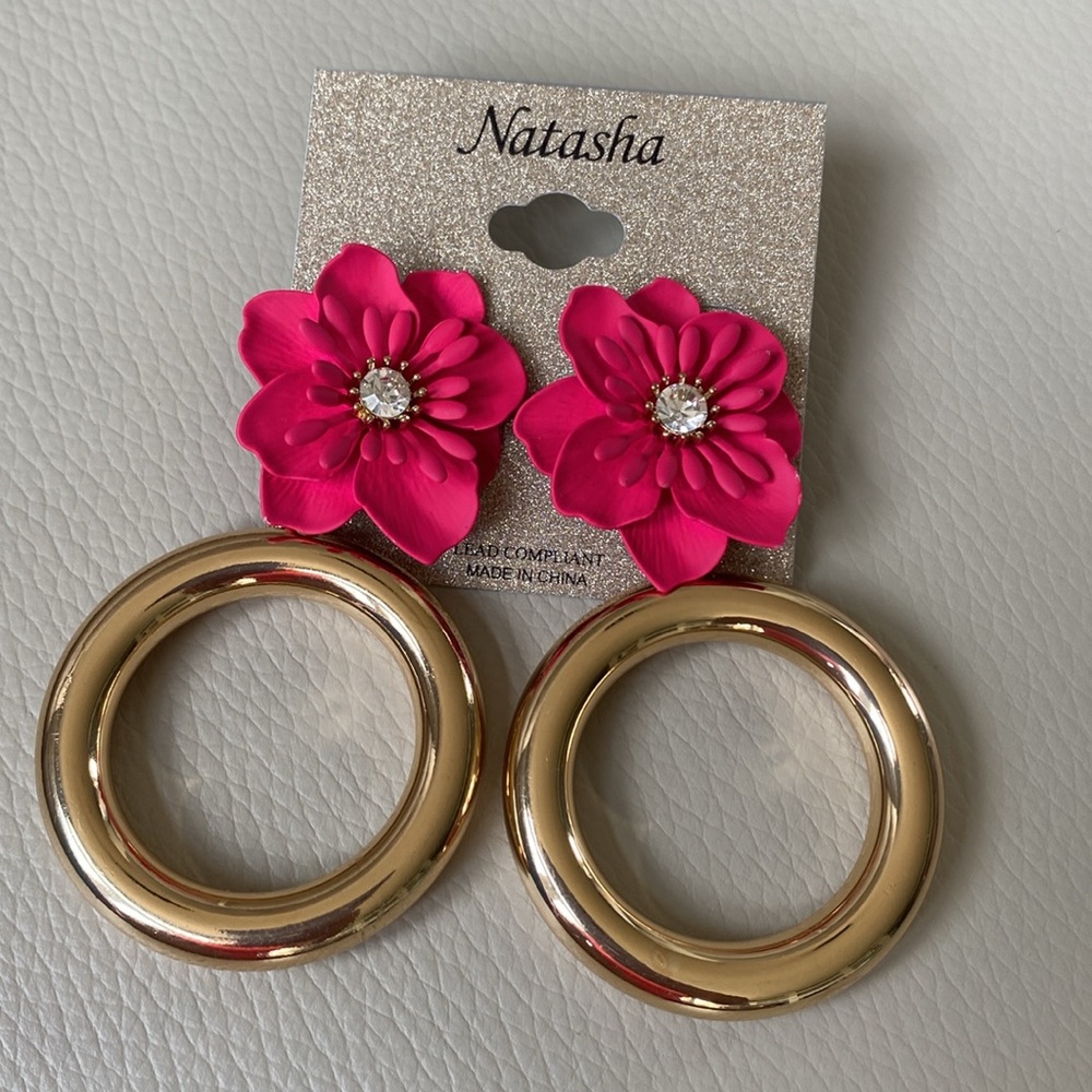 Hot PINK floral drop earrings by Natasha - Picture 6 of 6